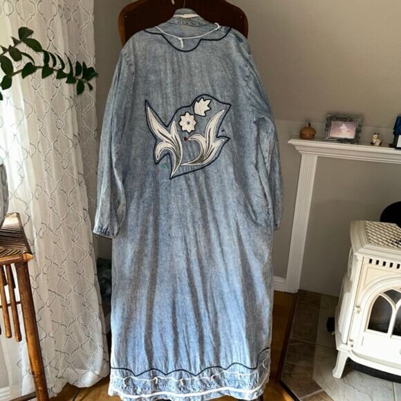Vintage Modelle Designs 1980s Embroidered AcidWash Denim Duster Jacket Large - Picture 9 of 13